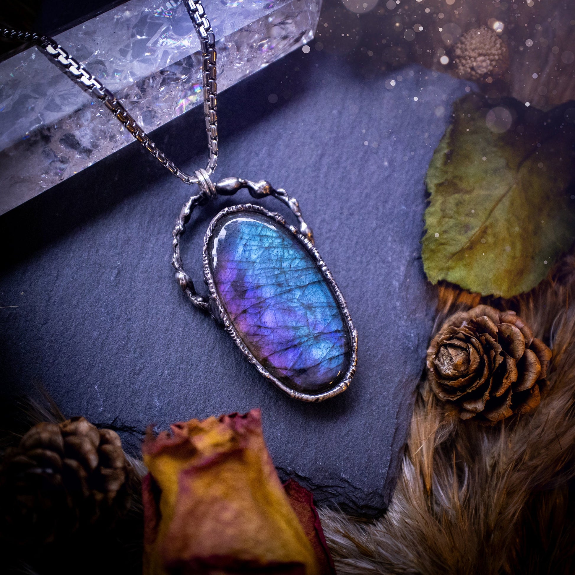 Large, beautiful rainbow labradorite, soft soldered pendant necklace. This pendant has been made using the tiffany technique with lead free solder that contains silver. Featuring the most beautiful rainbow crystal. Gothic Jewellery. Crystals, witchy