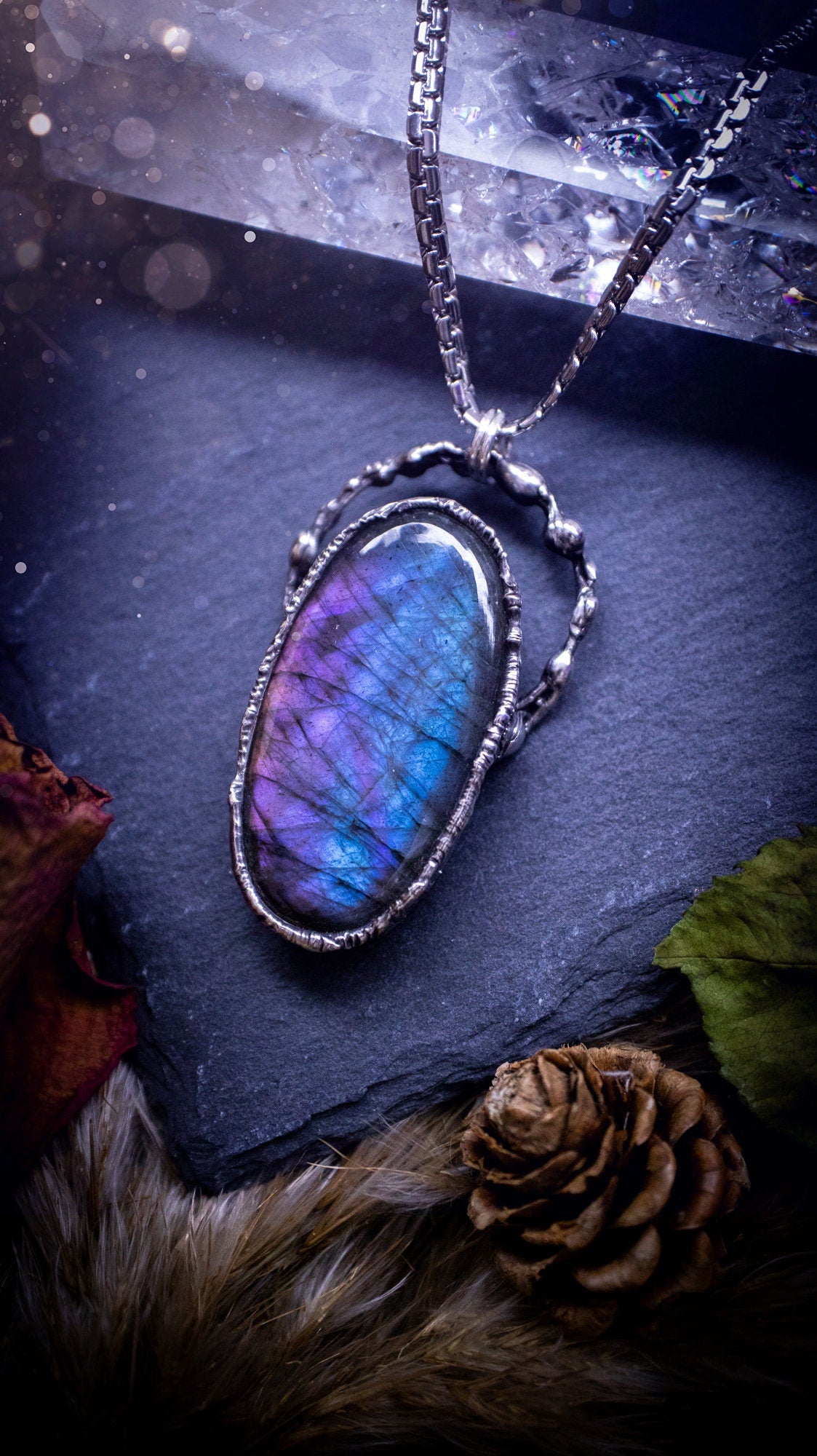 Large, beautiful rainbow labradorite, soft soldered pendant necklace. This pendant has been made using the tiffany technique with lead free solder that contains silver. Featuring the most beautiful rainbow crystal. Gothic Jewellery. Crystals, witchy