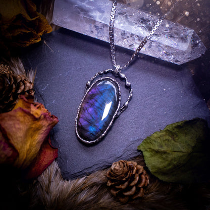 Large, beautiful rainbow labradorite, soft soldered pendant necklace. This pendant has been made using the tiffany technique with lead free solder that contains silver. Featuring the most beautiful rainbow crystal. Gothic Jewellery. Crystals, witchy