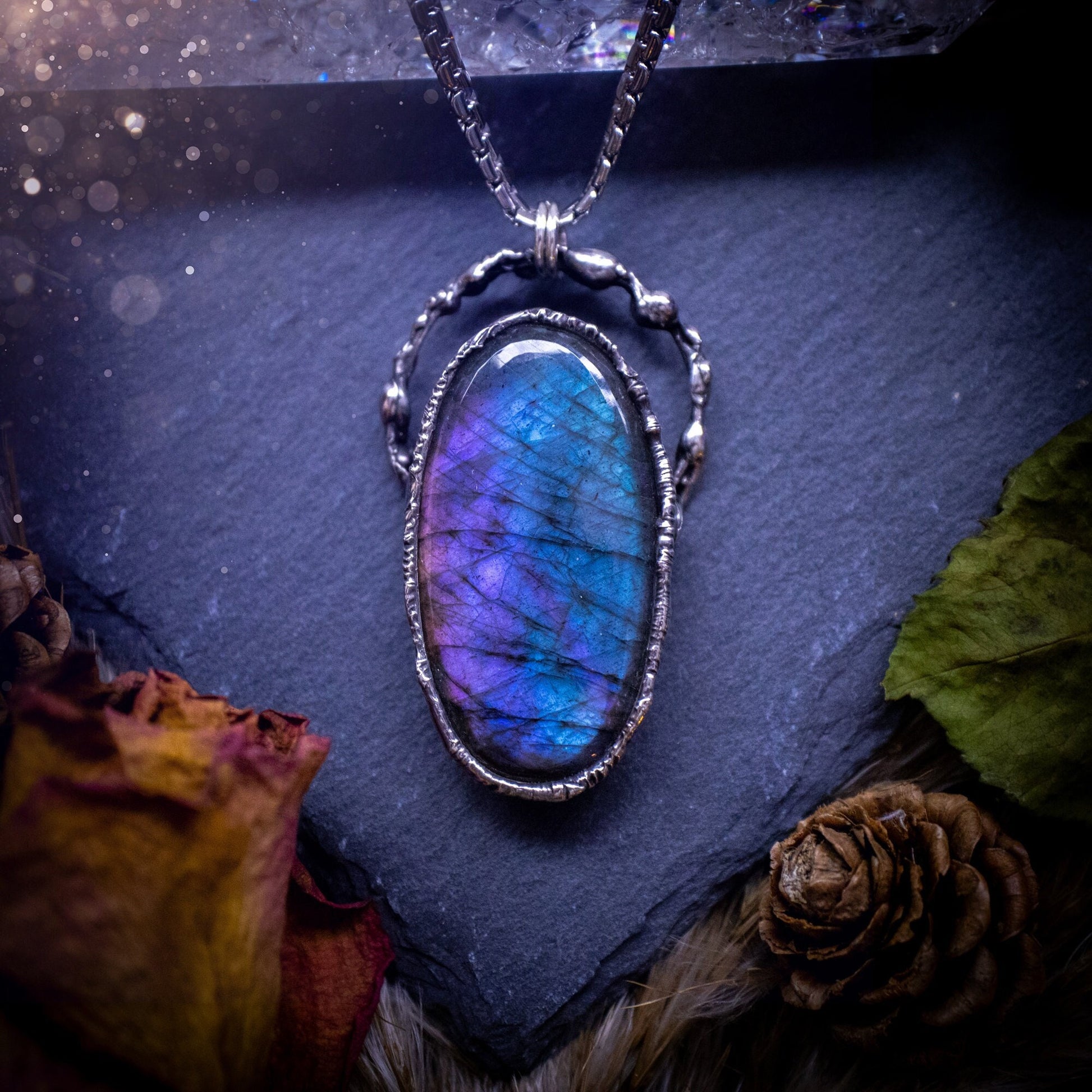 Large, beautiful rainbow labradorite, soft soldered pendant necklace. This pendant has been made using the tiffany technique with lead free solder that contains silver. Featuring the most beautiful rainbow crystal. Gothic Jewellery. Crystals, witchy