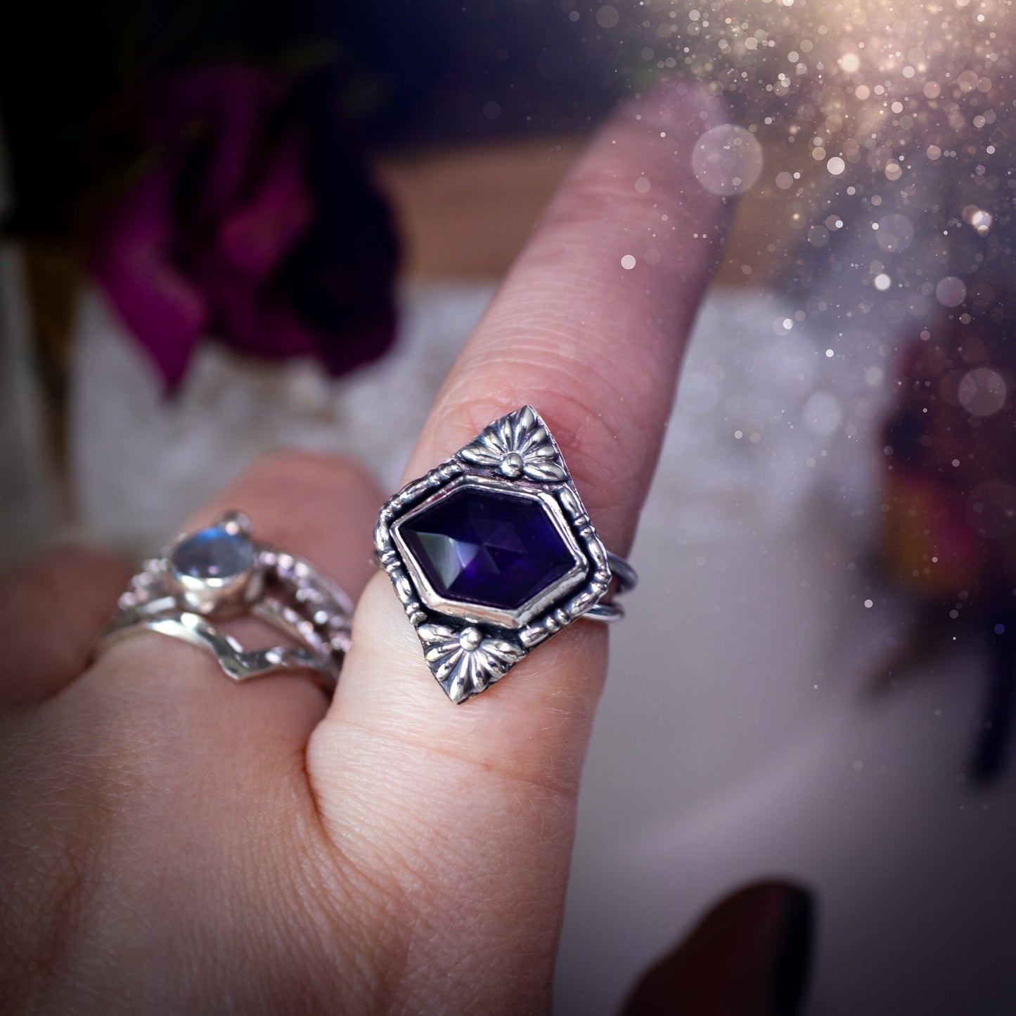 Deep purple, natural amethyst crystal statement ring. This beautiful ring has been made using sterling and fine silver, with decorative fan components and beaded wire around the bezel. Ideal for crystal lovers, gothic and hippy women. Witchy Jewelry