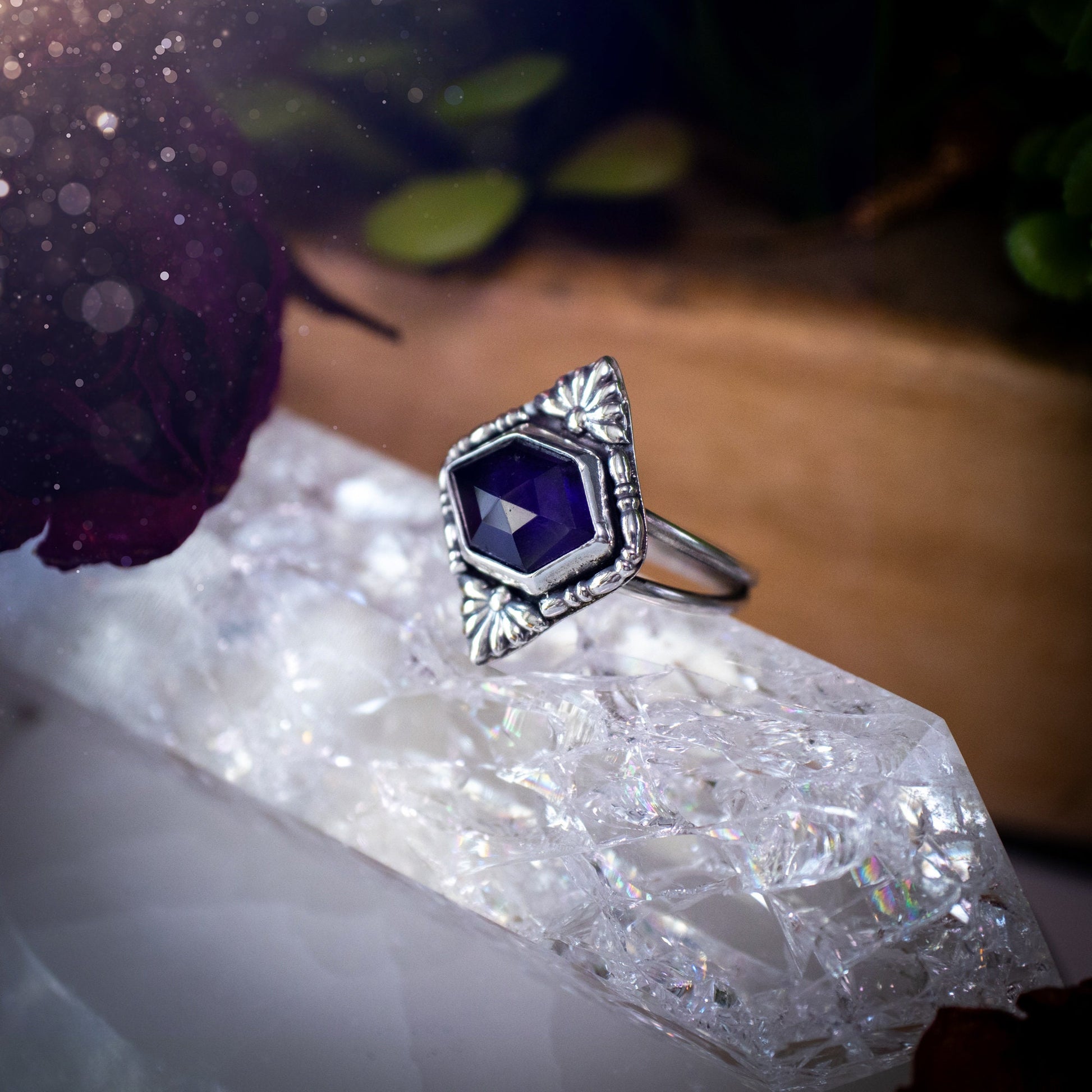 Deep purple, natural amethyst crystal statement ring. This beautiful ring has been made using sterling and fine silver, with decorative fan components and beaded wire around the bezel. Ideal for crystal lovers, gothic and hippy women. Witchy Jewelry