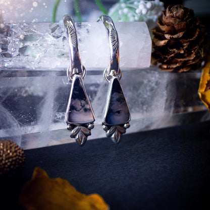 Beautiful Moss agate crystal hoop earrings. These earrings are handcrafted using fine and sterling silver and feature silver ball and leaf components. Perfect for gifts! Featuring natural moss agate crystal gemstones. Hippy and gothic style.