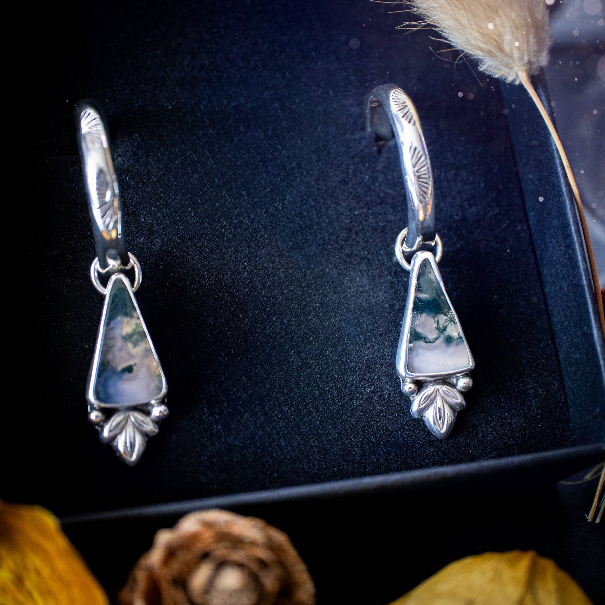 Beautiful Moss agate crystal hoop earrings. These earrings are handcrafted using fine and sterling silver and feature silver ball and leaf components. Perfect for gifts! Featuring natural moss agate crystal gemstones. Hippy and gothic style.