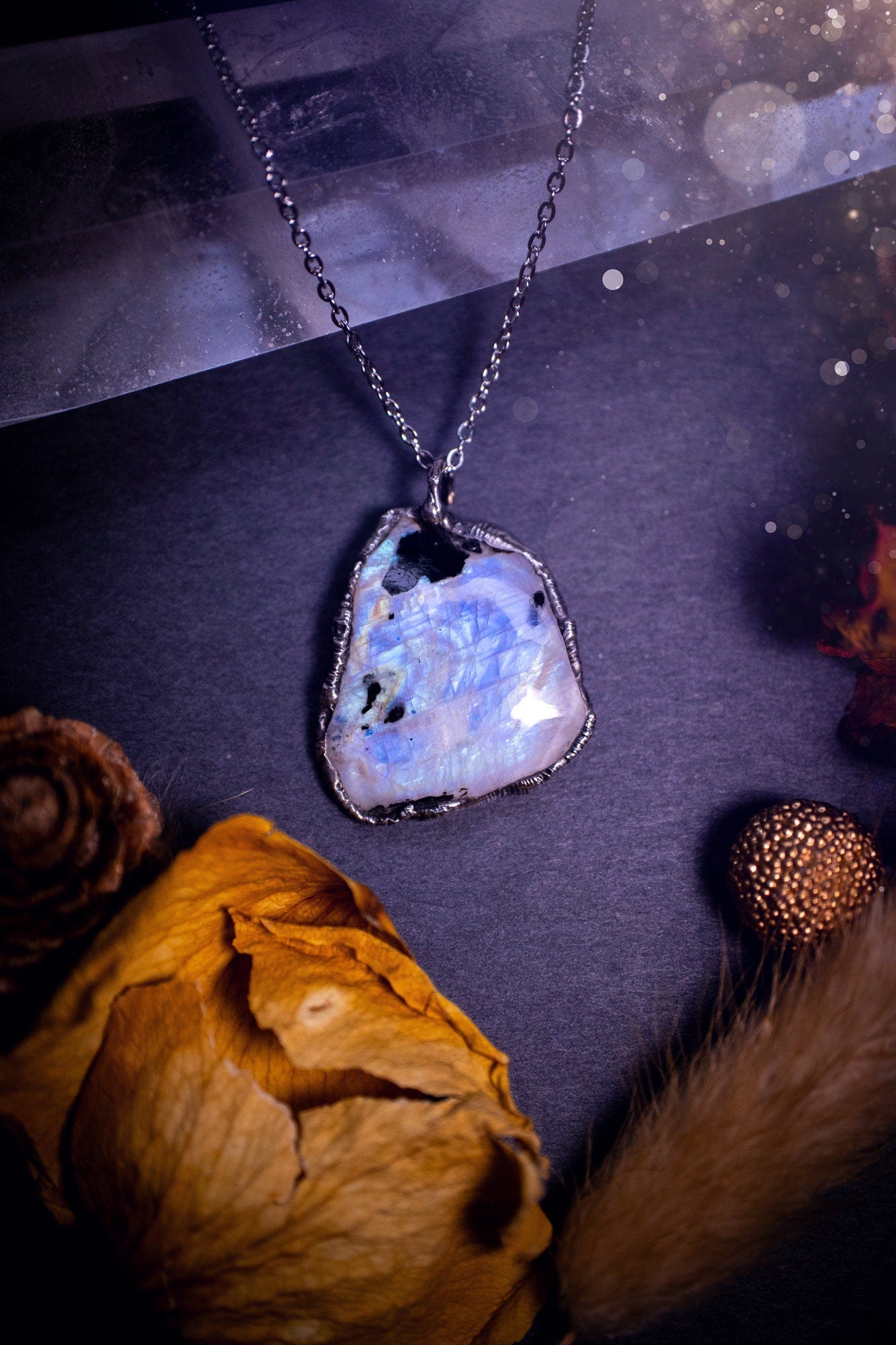 Handcrafted and beautiful rainbow moonstone crystal pendant necklace. This necklace has been made using the soft solder method also known as the tiffany technique. Moonstone is the birthstone for June. Ideal birthday gift, gothic and witch jewellery