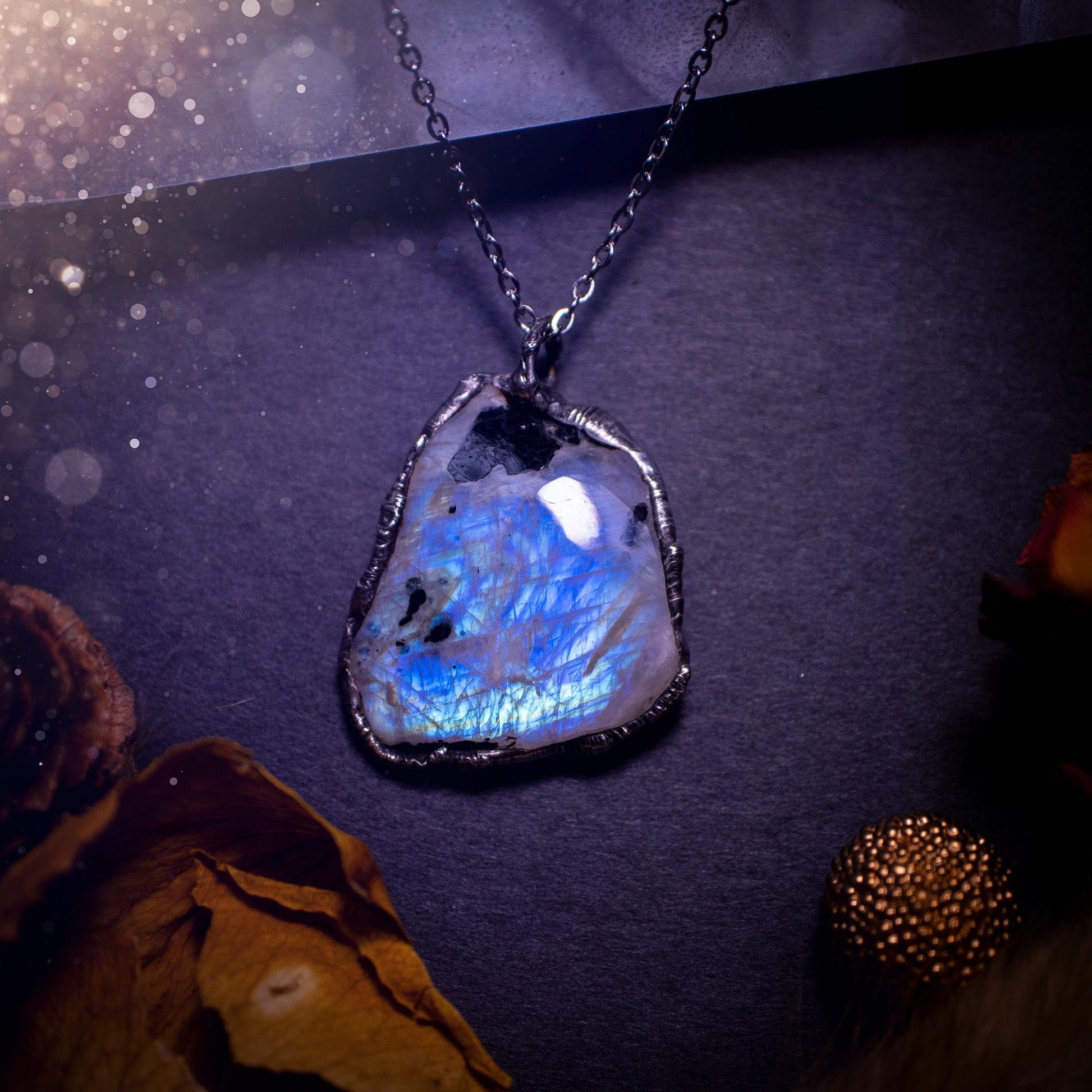 Handcrafted and beautiful rainbow moonstone crystal pendant necklace. This necklace has been made using the soft solder method also known as the tiffany technique. Moonstone is the birthstone for June. Ideal birthday gift, gothic and witch jewellery