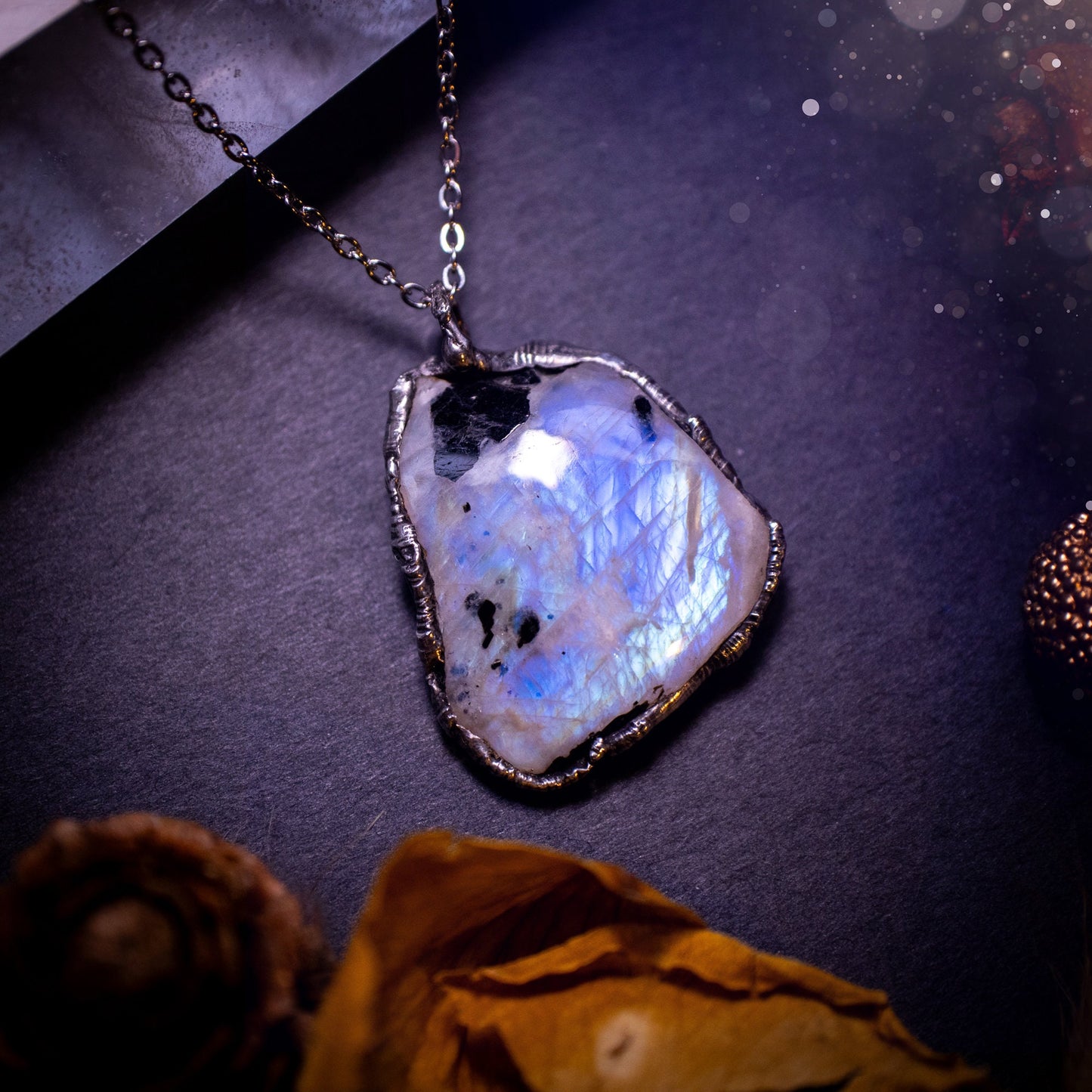 Handcrafted and beautiful rainbow moonstone crystal pendant necklace. This necklace has been made using the soft solder method also known as the tiffany technique. Moonstone is the birthstone for June. Ideal birthday gift, gothic and witch jewellery