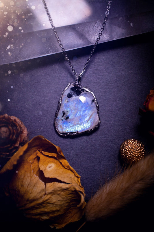 Handcrafted and beautiful rainbow moonstone crystal pendant necklace. This necklace has been made using the soft solder method also known as the tiffany technique. Moonstone is the birthstone for June. Ideal birthday gift, gothic and witch jewellery