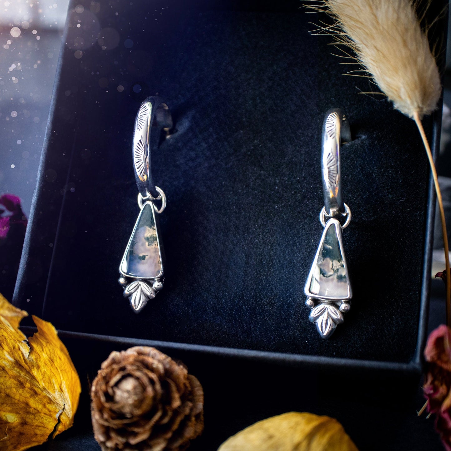 Beautiful Moss agate crystal hoop earrings. These earrings are handcrafted using fine and sterling silver and feature silver ball and leaf components. Perfect for gifts! Featuring natural moss agate crystal gemstones. Hippy and gothic style.