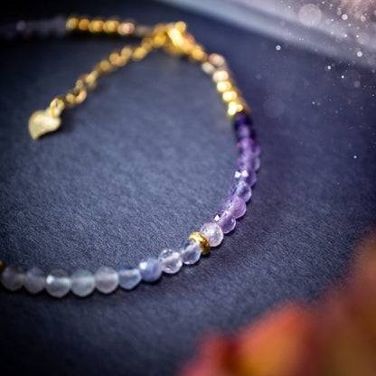 Stunning and natural, 3mm beaded fluorite crystal stacking bracelet. This bracelet is made using high quality fluorite beads which are faceted for extra sparkle. Strung on 49 strand beading wire for the perfect drape. Ideal gift for her.