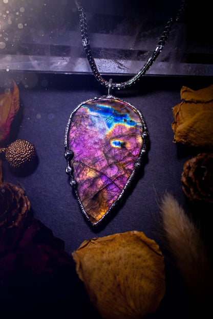 Large, beautiful purple and pink labradorite, soft soldered pendant necklace. This pendant has been made using the tiffany technique with lead free solder that contains silver. Featuring the most beautiful rainbow crystal. Gothic Jewellery. witchy