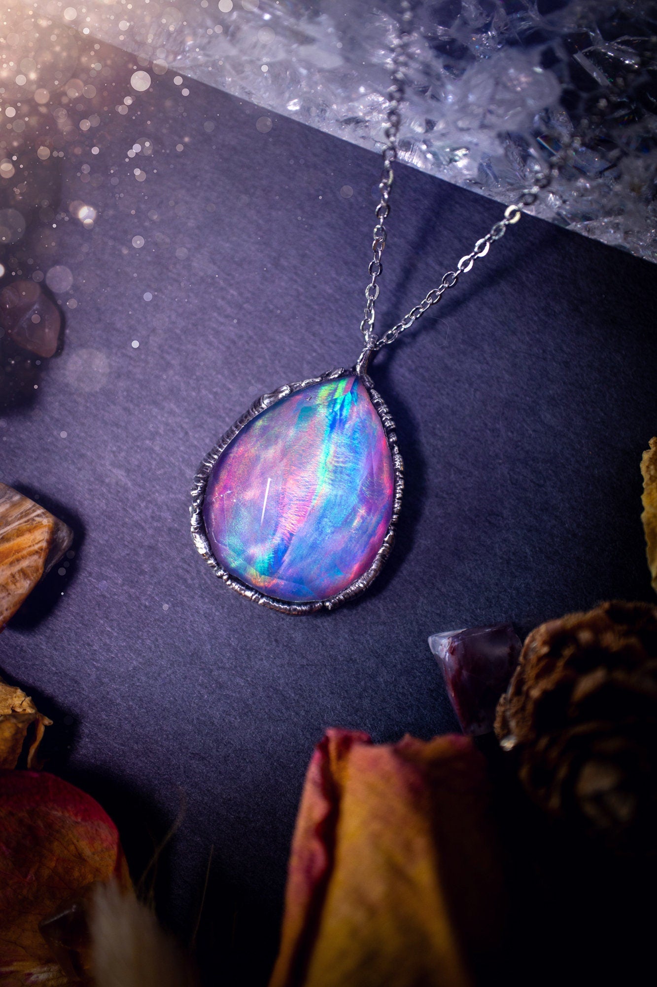 Large, beautiful rainbow aurora opal, soft soldered pendant necklace. This pendant has been made using the tiffany technique with lead free solder that contains silver. Featuring the most beautiful rainbow crystal. Gothic Jewellery. Crystals, witchy