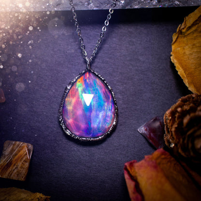 Large, beautiful rainbow aurora opal, soft soldered pendant necklace. This pendant has been made using the tiffany technique with lead free solder that contains silver. Featuring the most beautiful rainbow crystal. Gothic Jewellery. Crystals, witchy