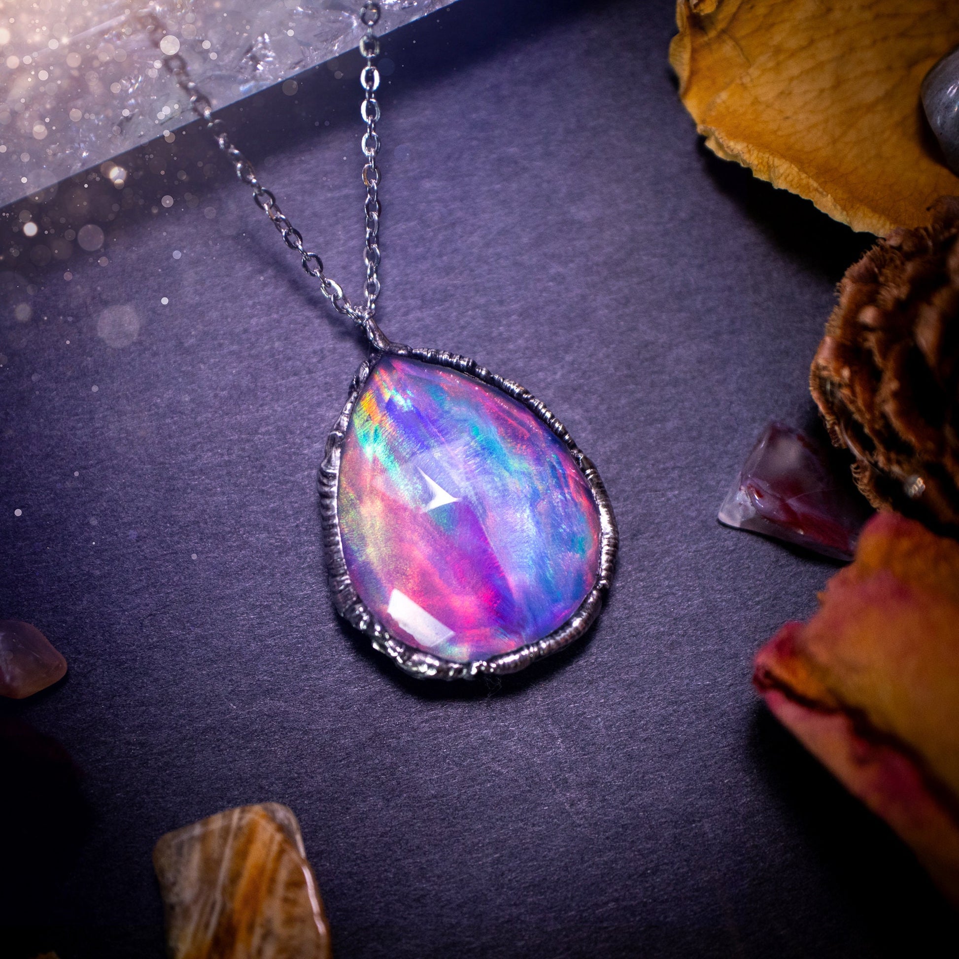 Large, beautiful rainbow aurora opal, soft soldered pendant necklace. This pendant has been made using the tiffany technique with lead free solder that contains silver. Featuring the most beautiful rainbow crystal. Gothic Jewellery. Crystals, witchy