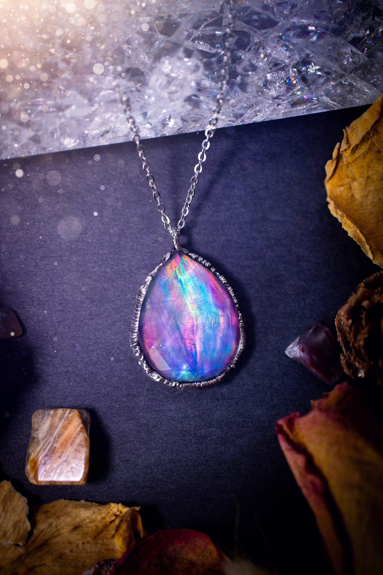 Large, beautiful rainbow aurora opal, soft soldered pendant necklace. This pendant has been made using the tiffany technique with lead free solder that contains silver. Featuring the most beautiful rainbow crystal. Gothic Jewellery. Crystals, witchy