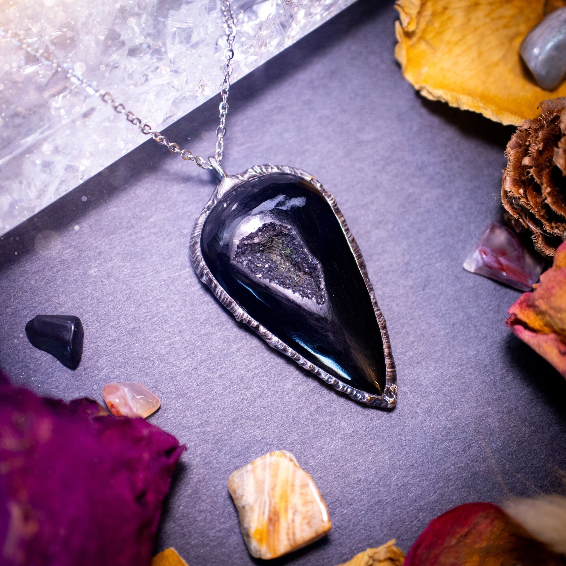 Beautiful black druzy agate, soft soldered pendant necklace. This pendant has been made using the tiffany technique with lead free solder that contains silver. Featuring the most beautiful sparkly crystal. Gothic Jewellery. Crystals, witchy