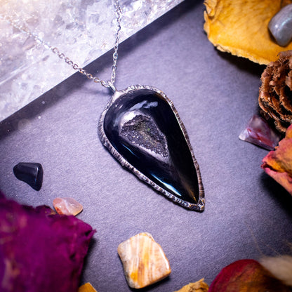 Beautiful black druzy agate, soft soldered pendant necklace. This pendant has been made using the tiffany technique with lead free solder that contains silver. Featuring the most beautiful sparkly crystal. Gothic Jewellery. Crystals, witchy