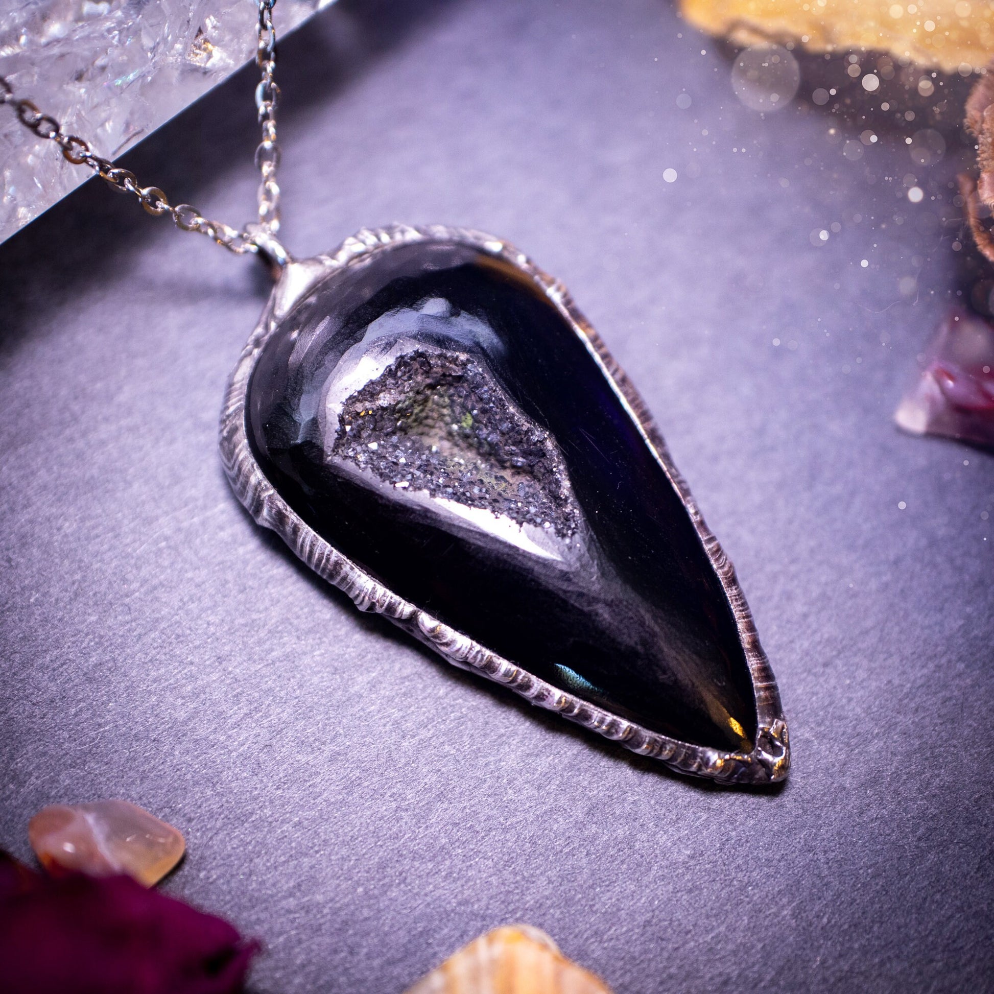 Beautiful black druzy agate, soft soldered pendant necklace. This pendant has been made using the tiffany technique with lead free solder that contains silver. Featuring the most beautiful sparkly crystal. Gothic Jewellery. Crystals, witchy