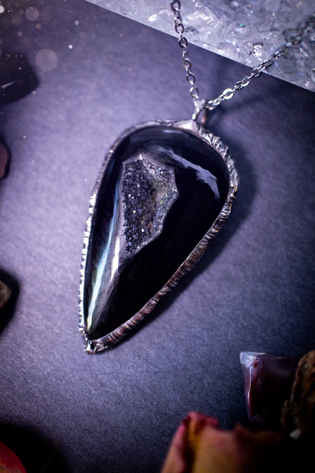 Beautiful black druzy agate, soft soldered pendant necklace. This pendant has been made using the tiffany technique with lead free solder that contains silver. Featuring the most beautiful sparkly crystal. Gothic Jewellery. Crystals, witchy