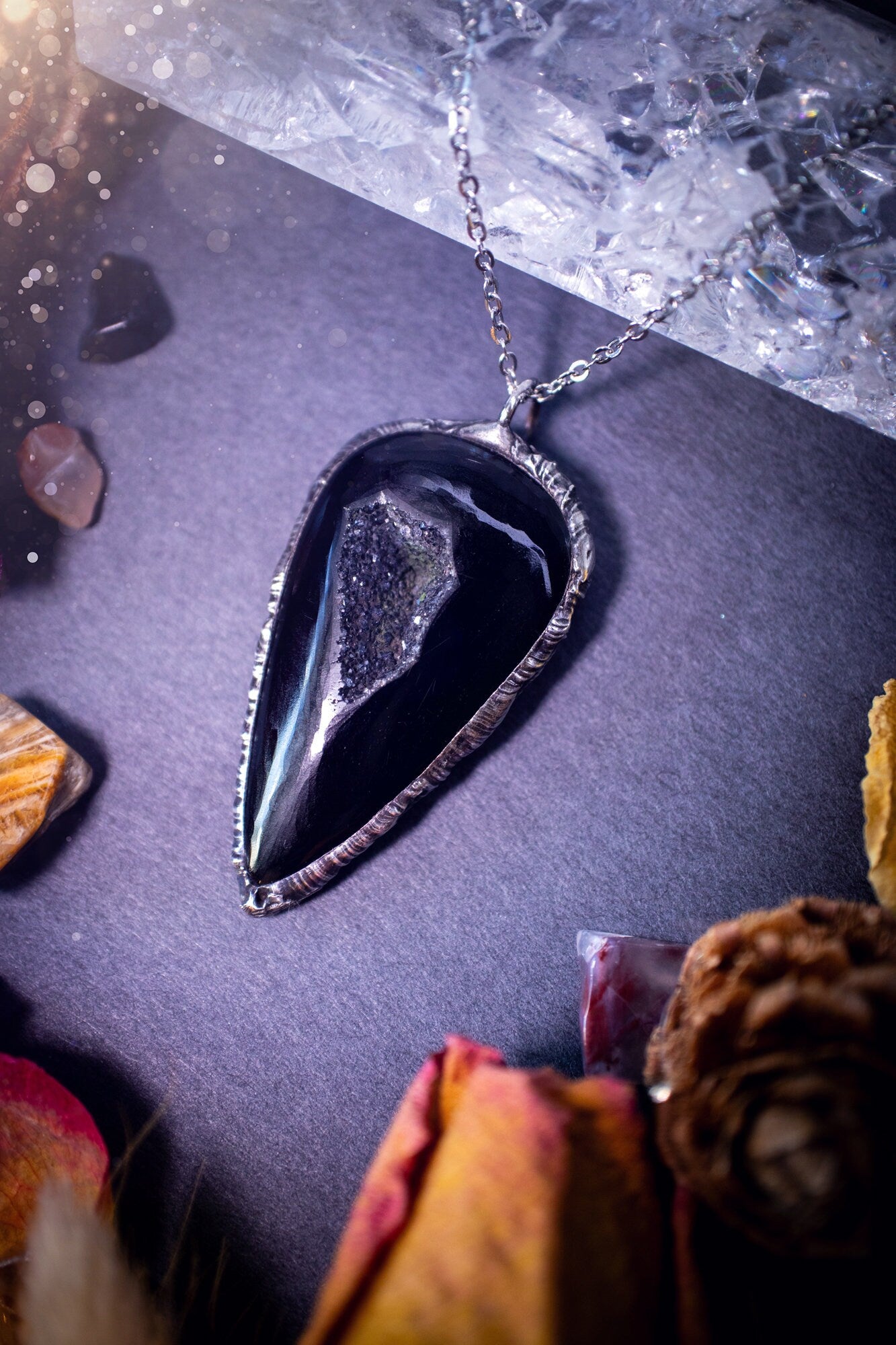 Beautiful black druzy agate, soft soldered pendant necklace. This pendant has been made using the tiffany technique with lead free solder that contains silver. Featuring the most beautiful sparkly crystal. Gothic Jewellery. Crystals, witchy