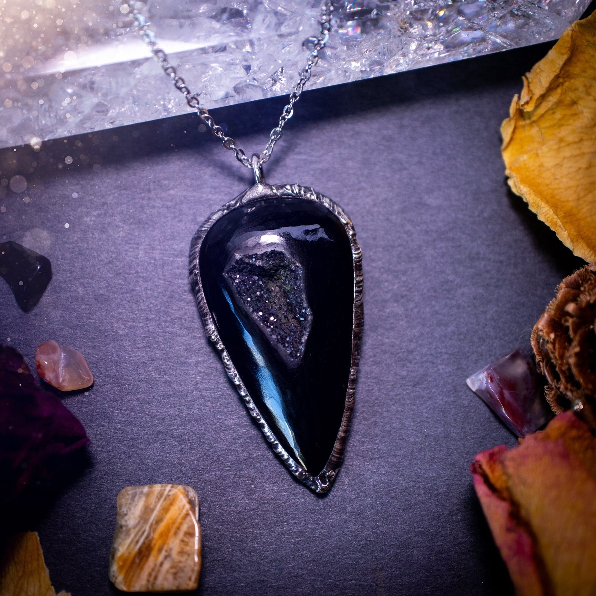 Beautiful black druzy agate, soft soldered pendant necklace. This pendant has been made using the tiffany technique with lead free solder that contains silver. Featuring the most beautiful sparkly crystal. Gothic Jewellery. Crystals, witchy