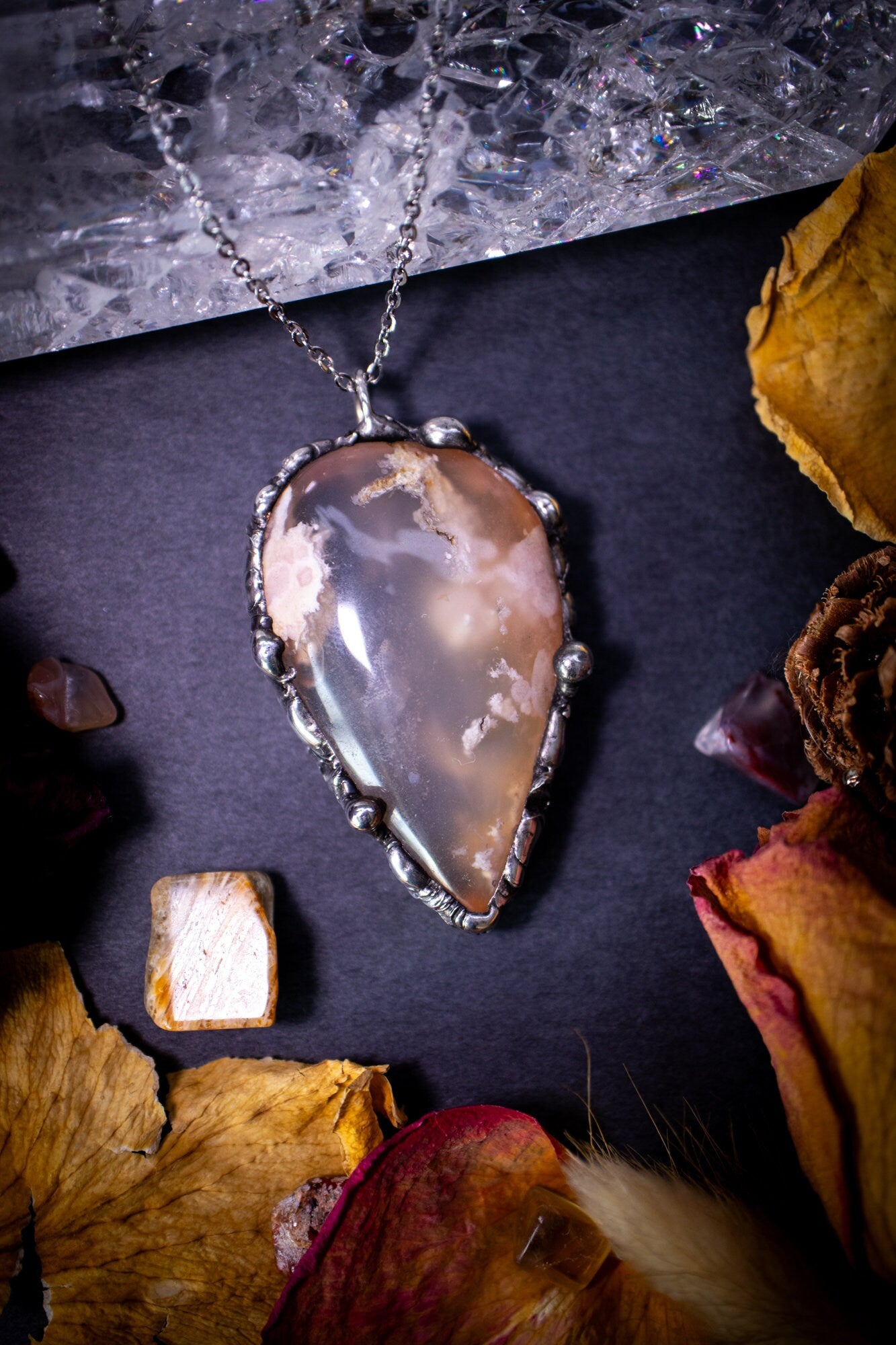 Beautiful flower agate, soft soldered pendant necklace. This pendant has been made using the tiffany technique with lead free solder that contains silver. Featuring the most beautiful sparkly crystal. Gothic Jewellery. Crystals, witchy