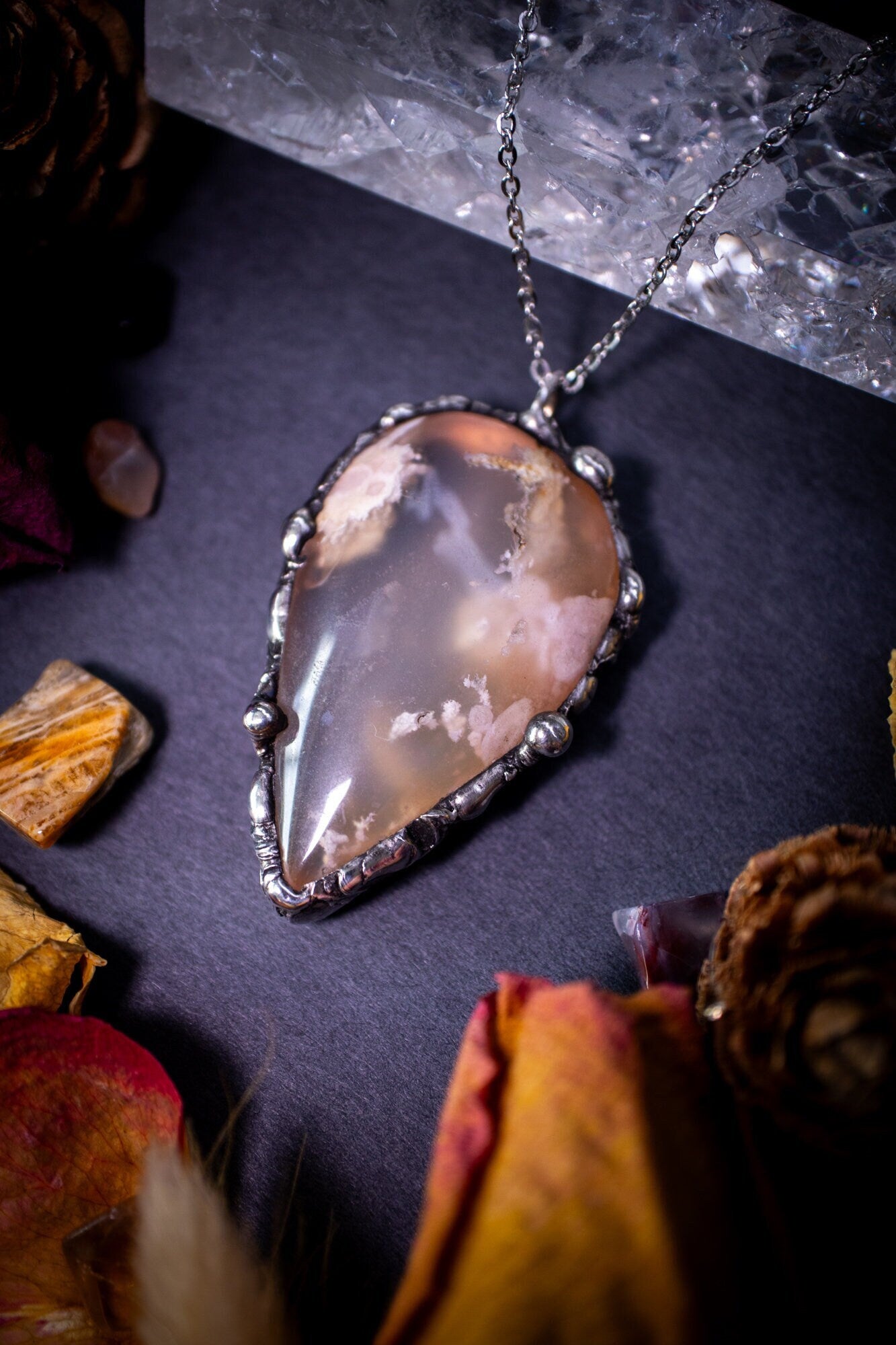 Beautiful flower agate, soft soldered pendant necklace. This pendant has been made using the tiffany technique with lead free solder that contains silver. Featuring the most beautiful sparkly crystal. Gothic Jewellery. Crystals, witchy