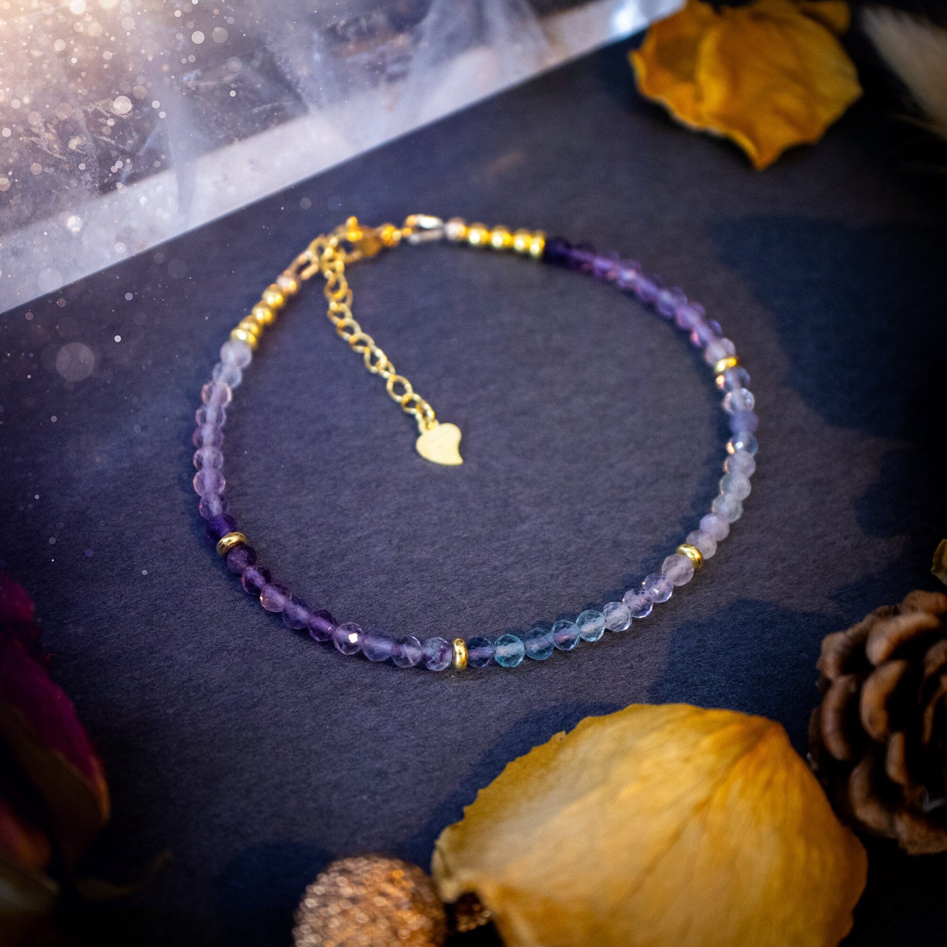 Stunning and natural, 3mm beaded fluorite crystal stacking bracelet. This bracelet is made using high quality fluorite beads which are faceted for extra sparkle. Strung on 49 strand beading wire for the perfect drape. Ideal gift for her.