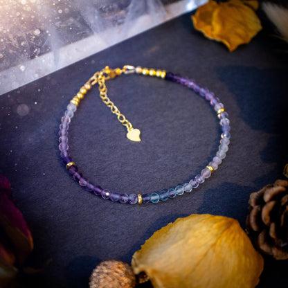 Stunning and natural, 3mm beaded fluorite crystal stacking bracelet. This bracelet is made using high quality fluorite beads which are faceted for extra sparkle. Strung on 49 strand beading wire for the perfect drape. Ideal gift for her.