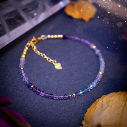 Stunning and natural, 3mm beaded fluorite crystal stacking bracelet. This bracelet is made using high quality fluorite beads which are faceted for extra sparkle. Strung on 49 strand beading wire for the perfect drape. Ideal gift for her.