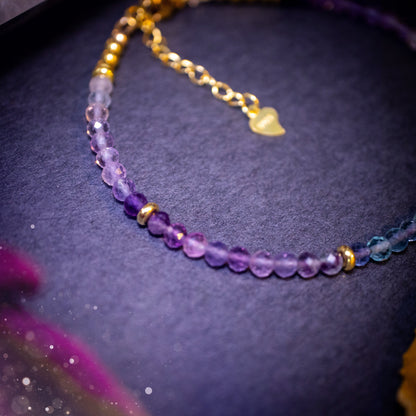 Stunning and natural, 3mm beaded fluorite crystal stacking bracelet. This bracelet is made using high quality fluorite beads which are faceted for extra sparkle. Strung on 49 strand beading wire for the perfect drape. Ideal gift for her.