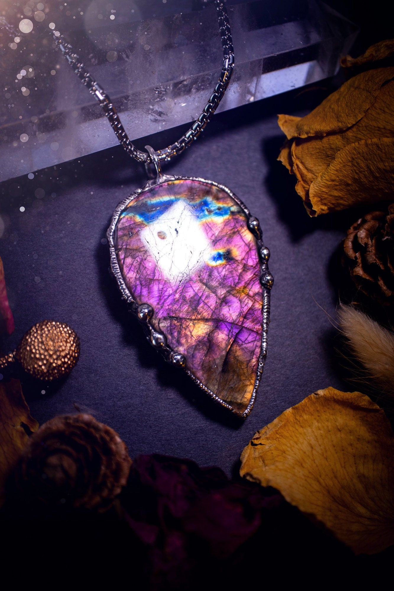 Large, beautiful purple and pink labradorite, soft soldered pendant necklace. This pendant has been made using the tiffany technique with lead free solder that contains silver. Featuring the most beautiful rainbow crystal. Gothic Jewellery. witchy