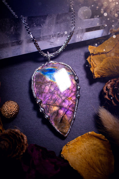 Large, beautiful purple and pink labradorite, soft soldered pendant necklace. This pendant has been made using the tiffany technique with lead free solder that contains silver. Featuring the most beautiful rainbow crystal. Gothic Jewellery. witchy