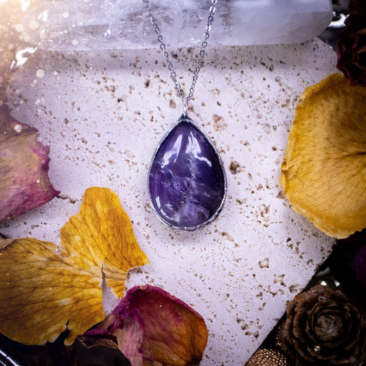 Beautiful, rich purple amethyst, soft soldered pendant necklace. This pendant has been made using the tiffany technique with lead free solder that contains silver. Featuring the most beautiful rainbow crystal. Gothic Jewellery. Crystals, witchy