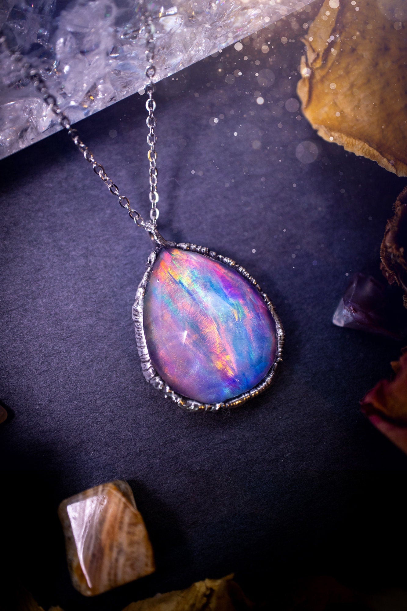 Large, beautiful rainbow aurora opal, soft soldered pendant necklace. This pendant has been made using the tiffany technique with lead free solder that contains silver. Featuring the most beautiful rainbow crystal. Gothic Jewellery. Crystals, witchy