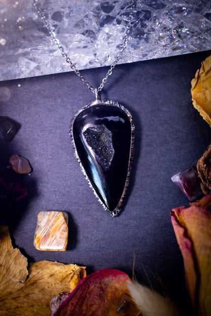 Beautiful black druzy agate, soft soldered pendant necklace. This pendant has been made using the tiffany technique with lead free solder that contains silver. Featuring the most beautiful sparkly crystal. Gothic Jewellery. Crystals, witchy