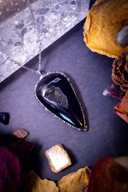 Beautiful black druzy agate, soft soldered pendant necklace. This pendant has been made using the tiffany technique with lead free solder that contains silver. Featuring the most beautiful sparkly crystal. Gothic Jewellery. Crystals, witchy