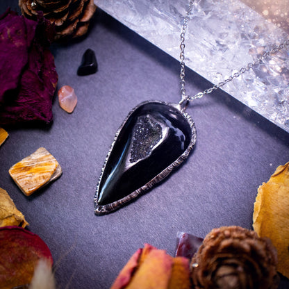 Beautiful black druzy agate, soft soldered pendant necklace. This pendant has been made using the tiffany technique with lead free solder that contains silver. Featuring the most beautiful sparkly crystal. Gothic Jewellery. Crystals, witchy