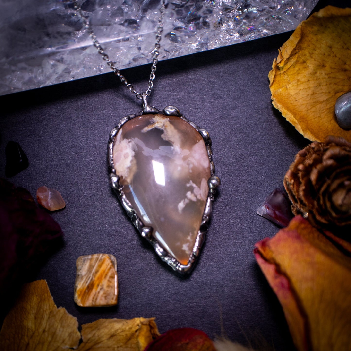 Beautiful flower agate, soft soldered pendant necklace. This pendant has been made using the tiffany technique with lead free solder that contains silver. Featuring the most beautiful sparkly crystal. Gothic Jewellery. Crystals, witchy