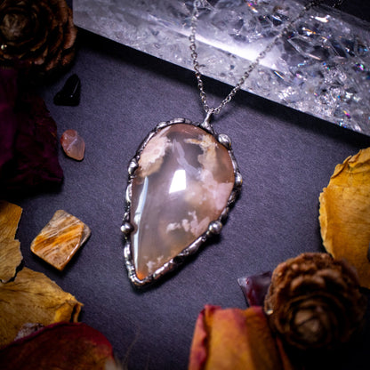 Beautiful flower agate, soft soldered pendant necklace. This pendant has been made using the tiffany technique with lead free solder that contains silver. Featuring the most beautiful sparkly crystal. Gothic Jewellery. Crystals, witchy