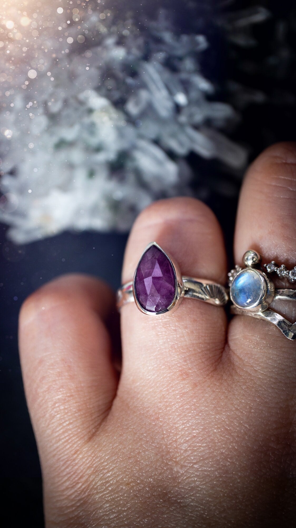 Stunning and handcrafted, natural ruby sterling silver stacking ring. This beautiful ring has been made from recycled sterling silver and has a stamped ring shank. Size s 3/4. The ruby has a lovely glow. Ideal for crystal and jewellery lovers. Hippy.