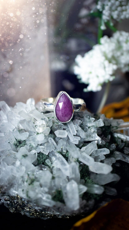 Stunning and handcrafted, natural ruby sterling silver stacking ring. This beautiful ring has been made from recycled sterling silver and has a stamped ring shank. Size s 3/4. The ruby has a lovely glow. Ideal for crystal and jewellery lovers. Hippy.