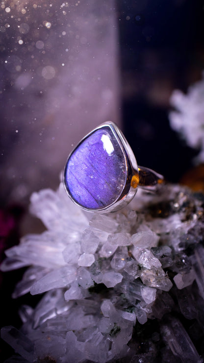 Stunning and handcrafted, natural purple labradorite sterling silver stacking ring. This beautiful ring has been made from recycled sterling silver and has a stamped ring shank. Size N 1/2. Ideal for crystal and jewellery lovers. Hippy and witch.