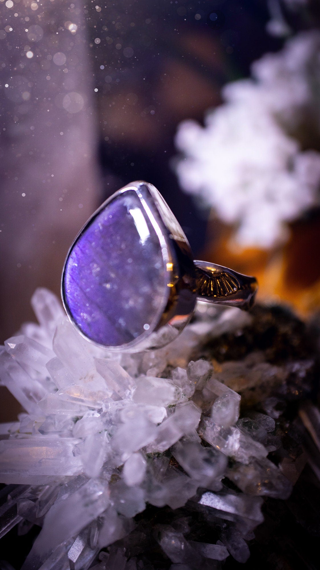 Stunning and handcrafted, natural purple labradorite sterling silver stacking ring. This beautiful ring has been made from recycled sterling silver and has a stamped ring shank. Size N 1/2. Ideal for crystal and jewellery lovers. Hippy and witch.