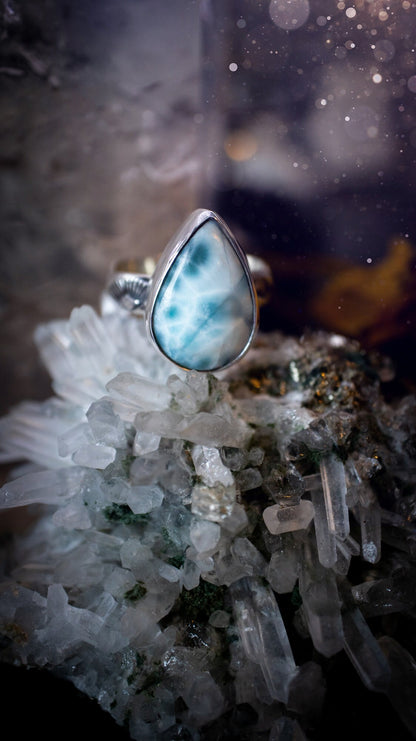 Stunning and handmade, natural Larimar sterling silver stacking ring. This beautiful ring has been made from recycled sterling silver and has a stamped ring shank. Ring is UK O. Perfect gift for jewellery and crystal lovers. Ocean crystal ring.