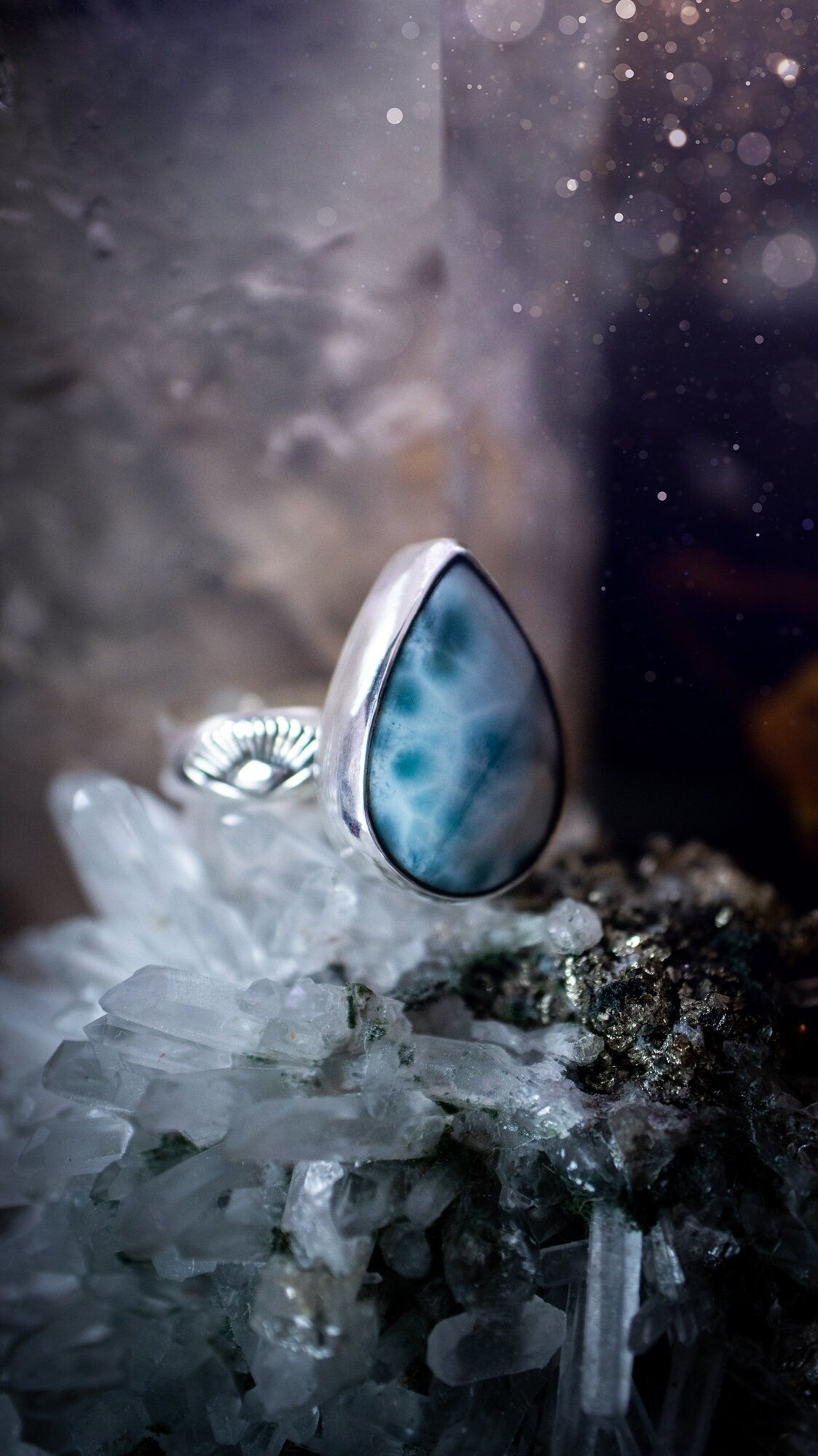 Stunning and handmade, natural Larimar sterling silver stacking ring. This beautiful ring has been made from recycled sterling silver and has a stamped ring shank. Ring is UK O. Perfect gift for jewellery and crystal lovers. Ocean crystal ring.