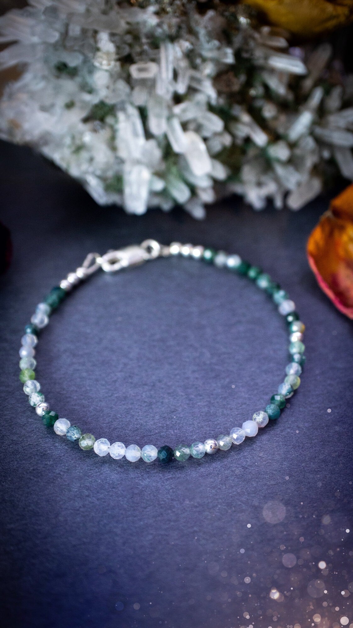 Beautifully handmade, moss agate crystal stacking bracelet. This bracelet has been made using high quality moss agate beads which are facetted to give a gorgeous sparkle. Strung on 49 strand beading wire for durability and a good drape on the wrist.