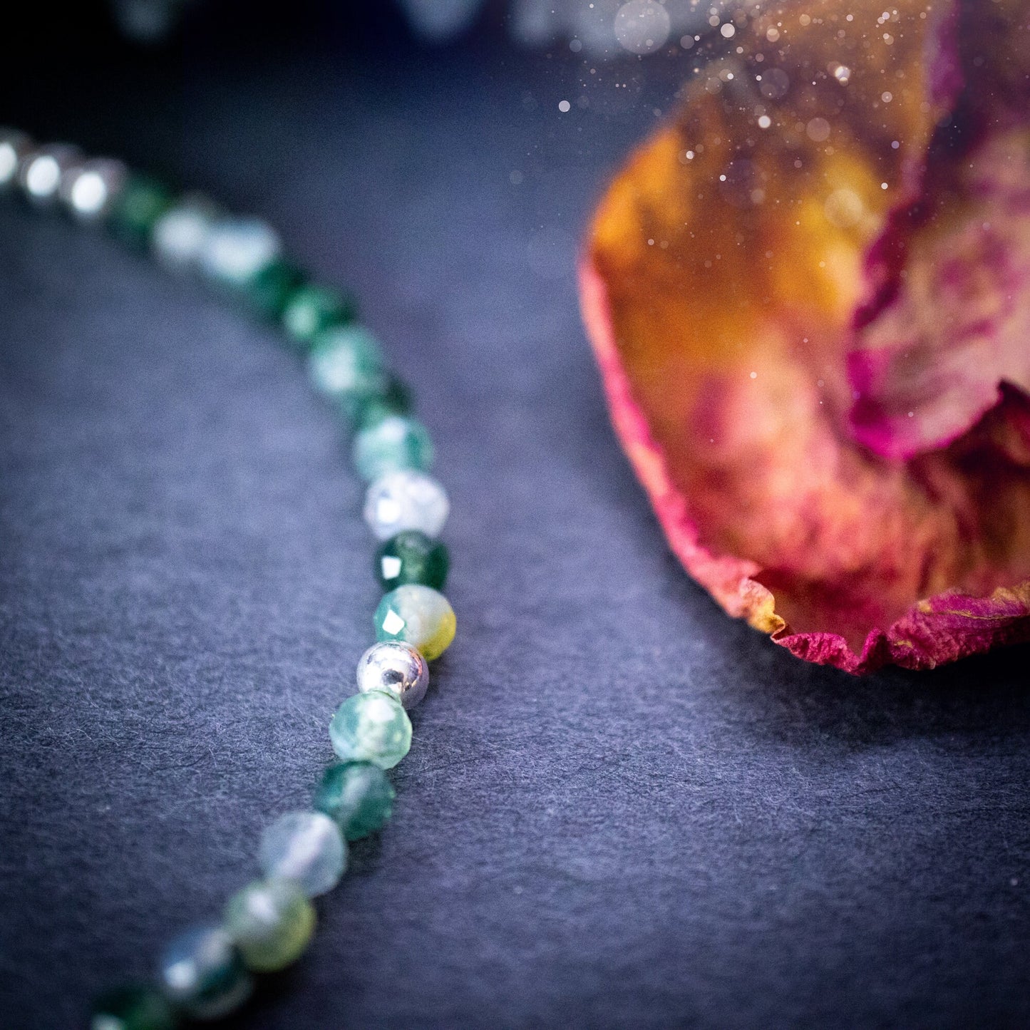 Beautifully handmade, moss agate crystal stacking bracelet. This bracelet has been made using high quality moss agate beads which are facetted to give a gorgeous sparkle. Strung on 49 strand beading wire for durability and a good drape on the wrist.