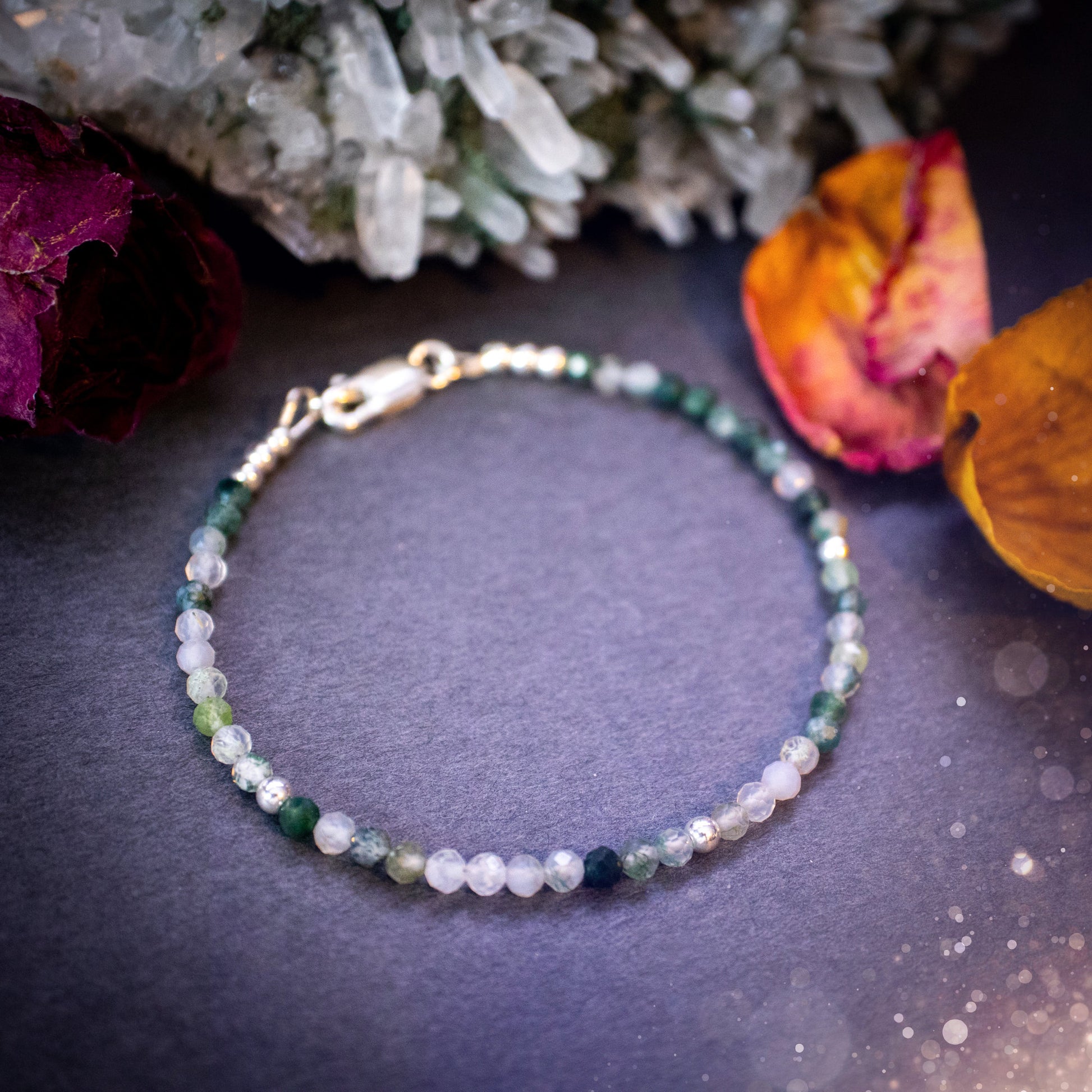 Beautifully handmade, moss agate crystal stacking bracelet. This bracelet has been made using high quality moss agate beads which are facetted to give a gorgeous sparkle. Strung on 49 strand beading wire for durability and a good drape on the wrist.