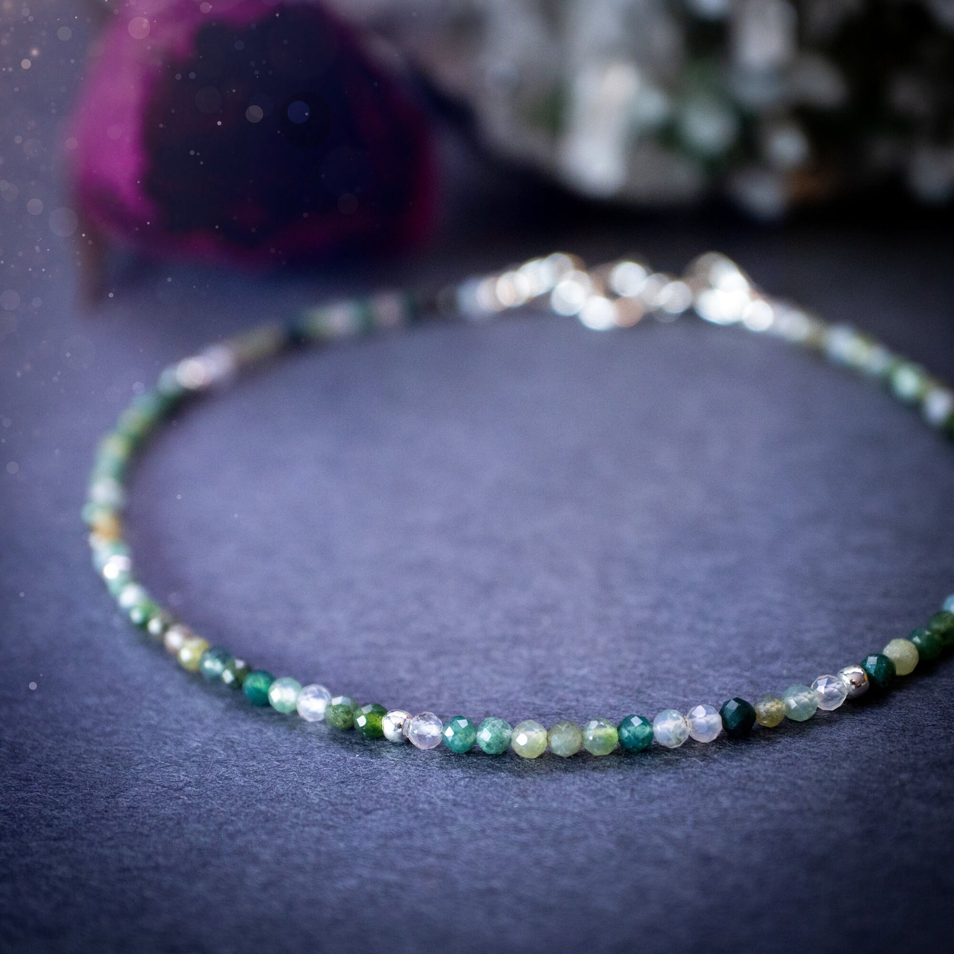 Beautifully handmade, moss agate crystal stacking bracelet. This bracelet has been made using high quality moss agate beads which are facetted to give a gorgeous sparkle. Strung on 49 strand beading wire for durability and a good drape on the wrist.